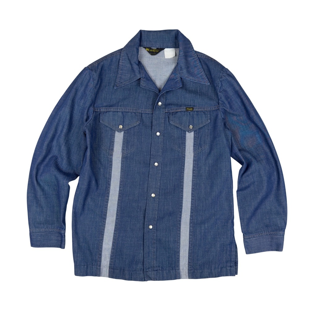 Vintage Wrangler 70s Western Denim Shirt Men's‎ M Blue Pearl Snap USA Made